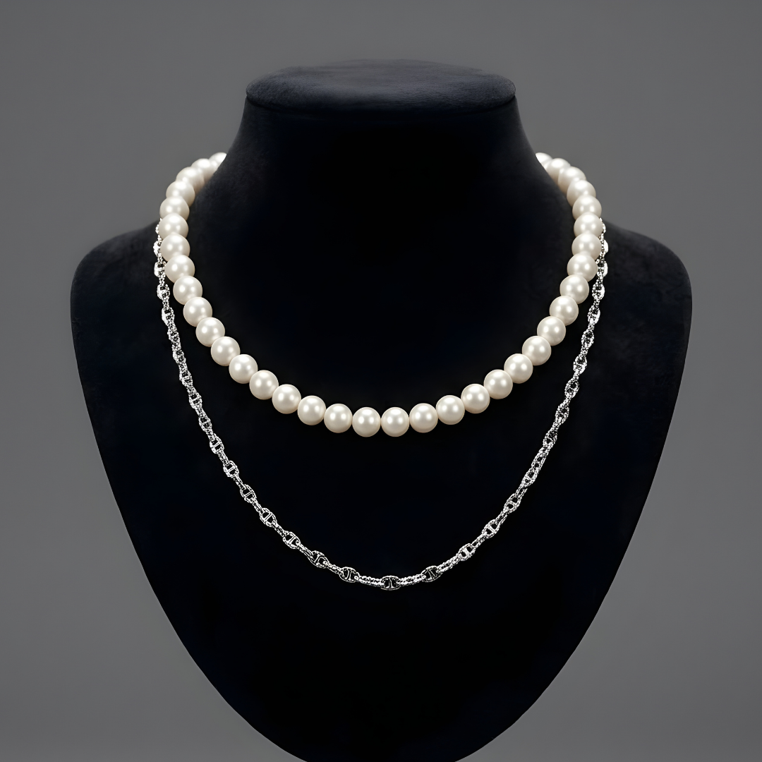 Silver Rhodium Plated Chain & Pearl Duo